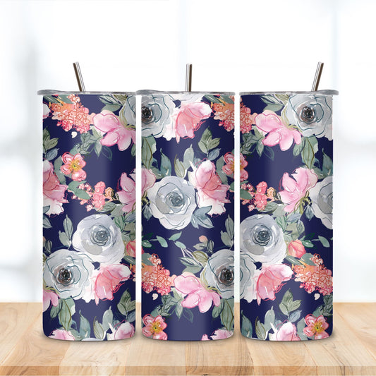 Stainless Steel Tumbler- Pink & Grey Flowers on Navy BG