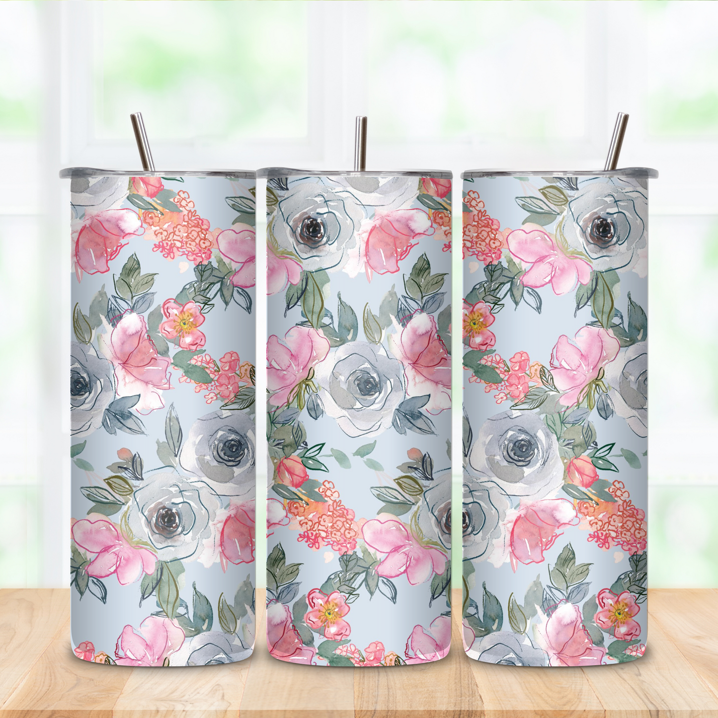 Stainless Steel Tumbler- Pink & Grey Flowers on Gray BG