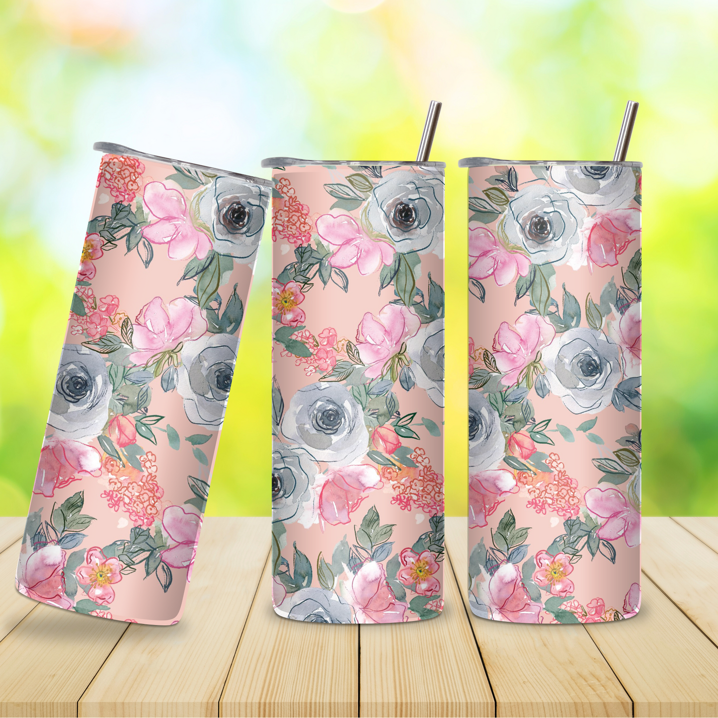 Stainless Steel Tumbler- Pink & Grey Flowers on Pink BG