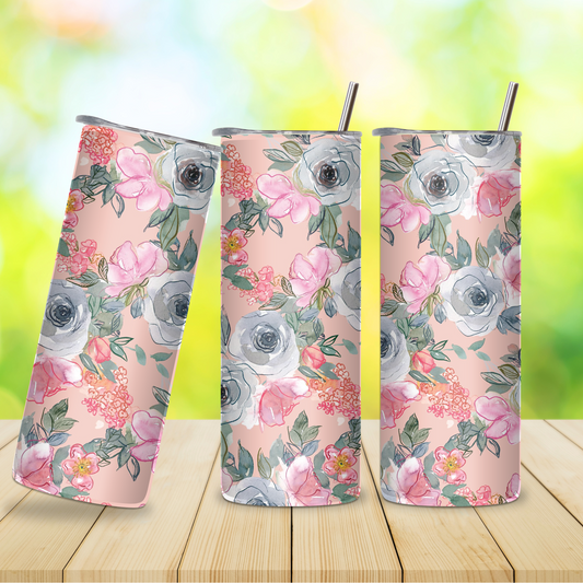 Stainless Steel Tumbler- Pink & Grey Flowers on Pink BG