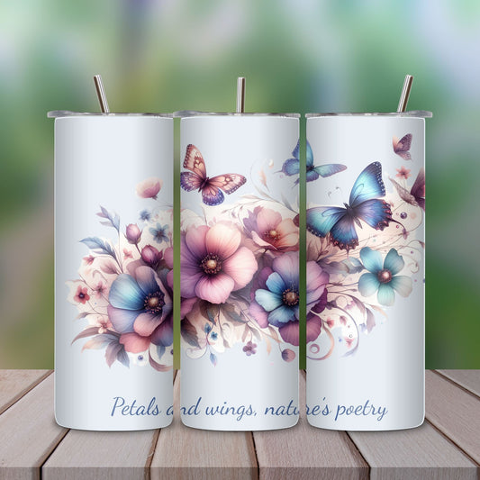 Stainless Steel Tumbler- Pink & Blue Flowers & Butterflies