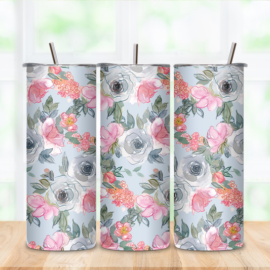 Stainless Steel Tumbler- Pink & Grey Flowers on Gray BG